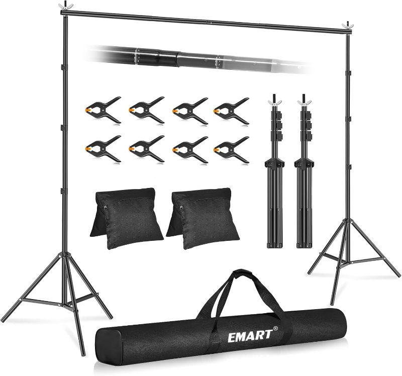 Photo 1 of EMART Backdrop Stand 10x10ft(WxH) Photo Studio Adjustable Background Stand Support kit with 2 Crossbars, 8 Clamps, 2 Sandbags and Carry Bag for Parties, Events Decoration, Wedding, Photography
