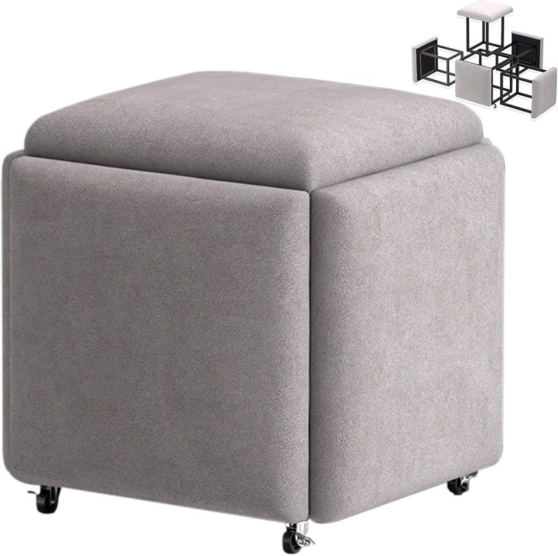 Photo 1 of 5 in 1 Ottoman Cube with Swivel, Stackable Sofa Chair Stools Nesting Stools, Technology Cloth Makeup Stool Save Space for Living Room Dining Room Bedroom (Gray, 17.7" D x 17.7" W x 18" H)

