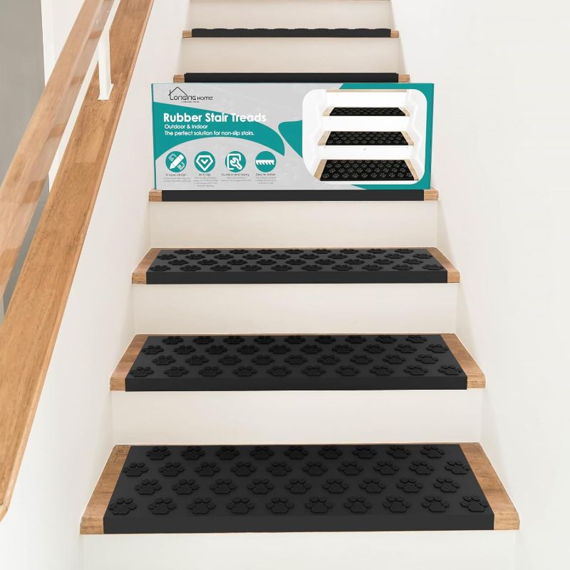 Photo 1 of Rubber Stair Treads - 30" x 10", 6 Pack, Black, Non-Slip, Indoor & Outdoor
