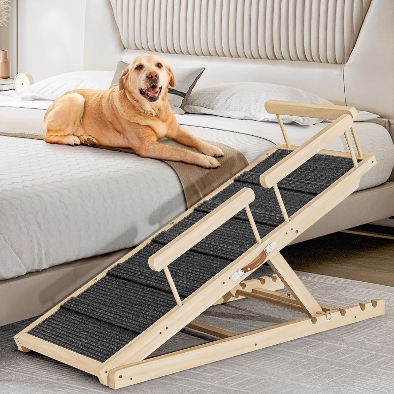 Photo 1 of Dog Ramp for Couch, Bed or Car, Wooden 55" Long Pet Stairs for Small & Large Old Dogs & Cats, Hold up to 250lb, 6 Adjustable Height from 19.68" to 27.55" Portable Doggie Steps, Excellent Traction
