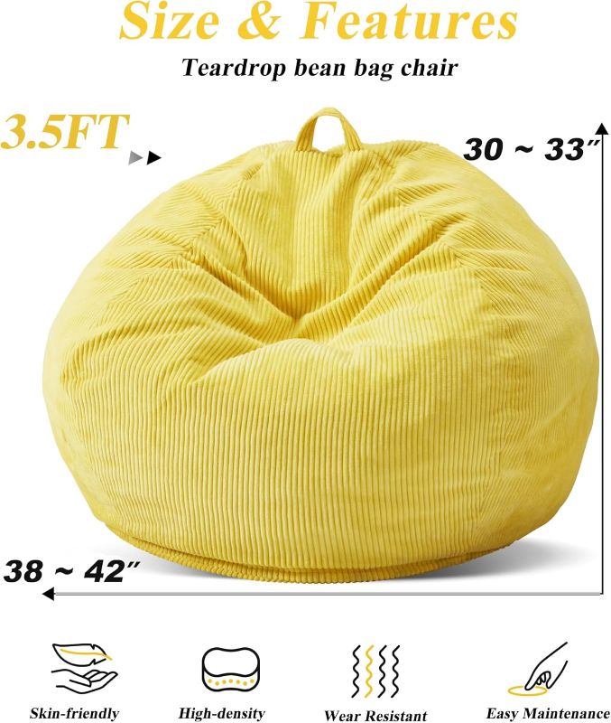 Photo 1 of 3.5FT Bean Bag Chairs Teardrop Bean Bag Chair for Adults Beanbag Chair with Memory Foam Filled Machine Washable Cover for Living Room, Bedroom (Large,Yellow)
