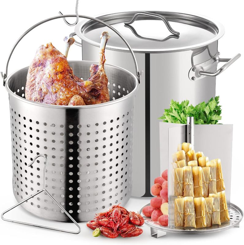 Photo 1 of ARC 52QT Stainless Steel Stockpot for Crab Seafood Boiler Crawfish Pot with Basket and Steamer Rack, Outdoor Cooking Pot for Lobster Shrimp Boiling, Turkey Fryer and Tamales Steamer, 13 Gal
