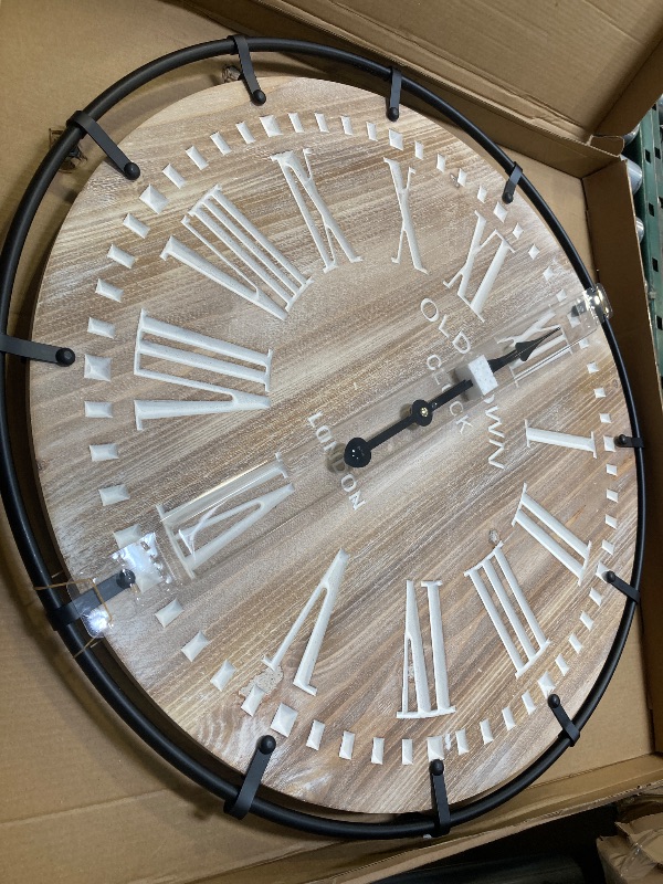 Photo 1 of 24 Inch Grand Farmhouse Wall Clock, Vintage-Inspired Wood & Metal Design with Large Etched Numbers, Silent Battery-Powered Timepiece for Offices, Kitchens, Bedrooms, and Living Rooms
