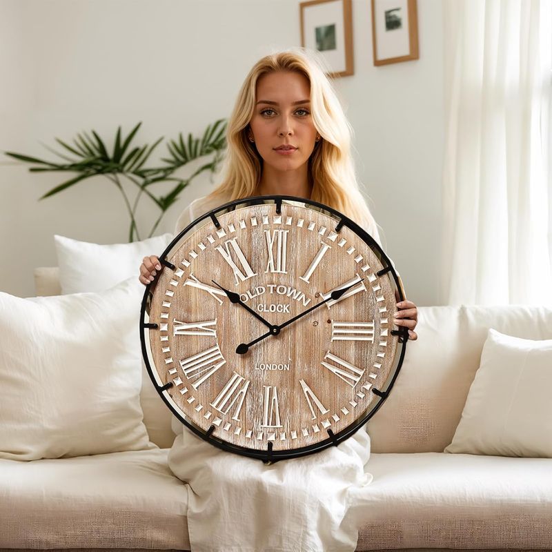 Photo 1 of 24 Inch Grand Farmhouse Wall Clock, Vintage-Inspired Wood & Metal Design with Large Etched Numbers, Silent Battery-Powered Timepiece for Offices, Kitchens, Bedrooms, and Living Rooms
