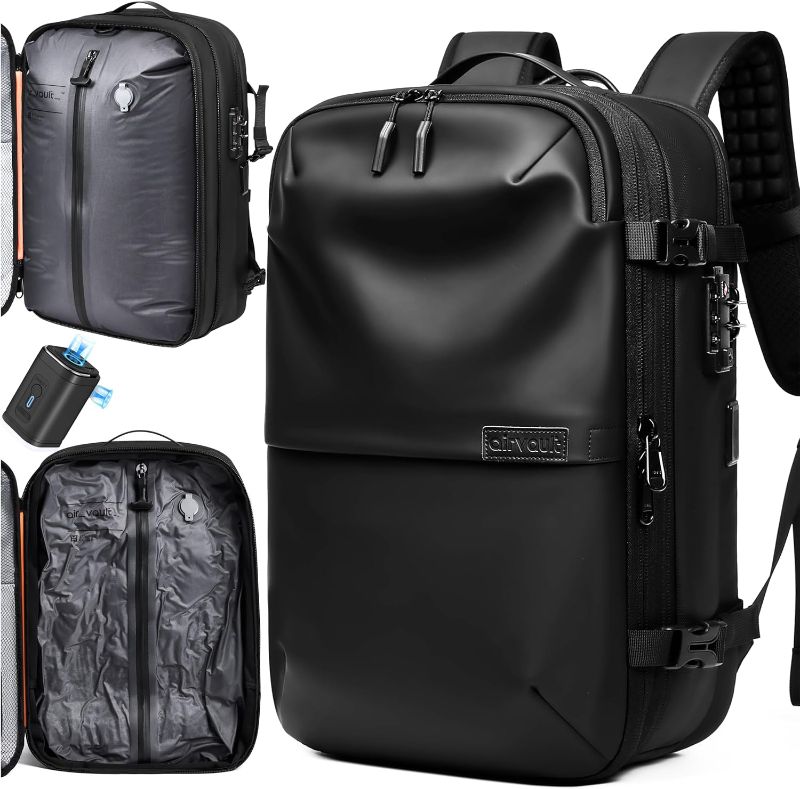 Photo 1 of AirVault Vacuum Seal Travel Backpack 60L - Expandable Air Compression Vacuum System, Water-Resistant, Carry-On with TSA Lock Fits 19" Laptop (Black)
