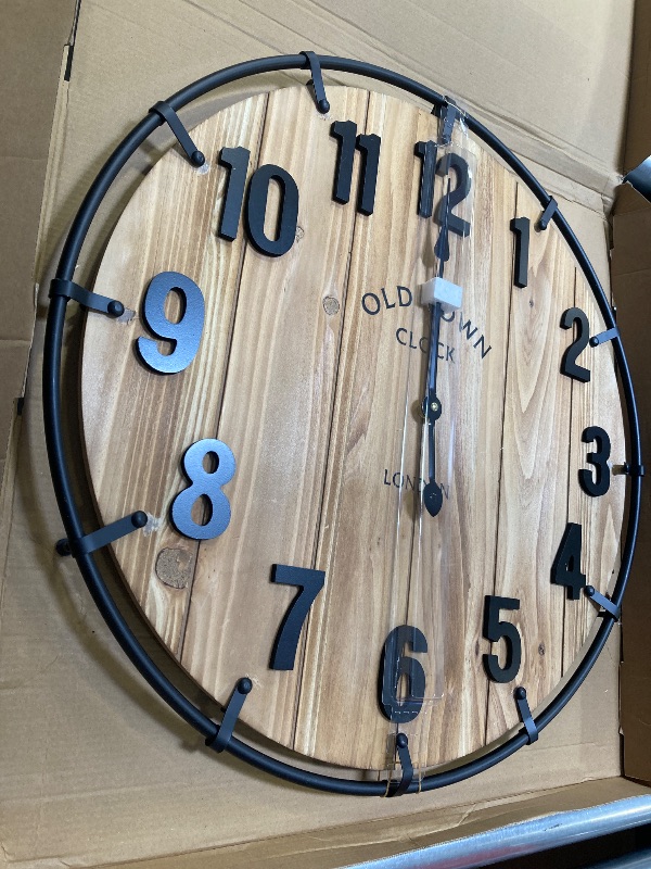 Photo 1 of 24 Inch Farmhouse Wall Clock Large Old Town Vintage Rustic Wooden Clock with Metal Rim and Large Numerals, Silent Battery-Operated for Office, Kitchen, Bedroom, and Living Room
