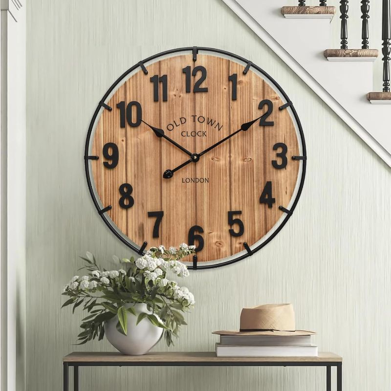 Photo 1 of 24 Inch Farmhouse Wall Clock Large Old Town Vintage Rustic Wooden Clock with Metal Rim and Large Numerals, Silent Battery-Operated for Office, Kitchen, Bedroom, and Living Room
