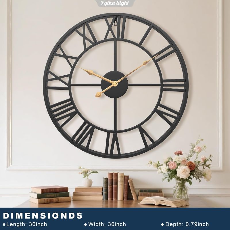 Photo 1 of 30 Inch Extra Large Giant Wall Clock,Oversized Round Silent Vintage Industrial Black Metal Farmhouse Big Roman Numeral Wall Clocks for Living Room,Kitchen,Bedroom Home Decor
