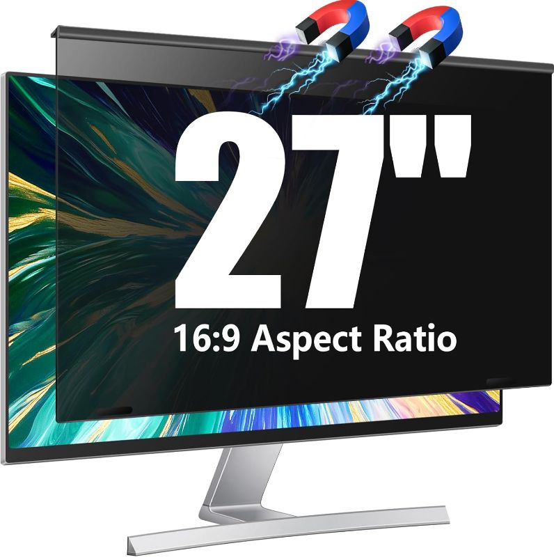 Photo 1 of Magnetic Computer Privacy Screen Filter 27 inch for 16:9 Widescreen Monitor Desktop PC, 27in Hanging Removable Anti Blue Light Glare Eye Protection Shield, Anti Spy Screen Protector Panel
