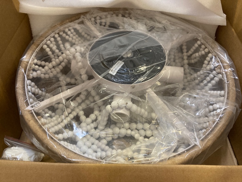 Photo 1 of Ceiling Fans with Lights and Remote - Bulbs Included, Caged Fandelier with Handcrafted Beaded Décor 19 inches Reversible Flush Mount Installation Ceiling Fan, White

