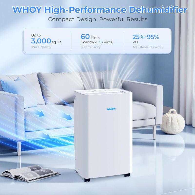 Photo 1 of Dehumidifier for Home, 2500-3000 Sq Ft, 60 Pints Max. Smart Compressor, Smart App-Controlled, With Drain Hose, Child Lock, Idea for Bedrooms, Basements, Laundry
