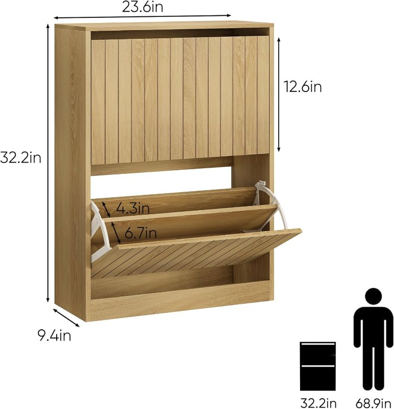Photo 1 of Shoe Storage Cabinet with Vertical Groove Doors 2 Flip Drawers, Narrow Shoe Cabinet Storage for Entryway, Freestanding Shoe Organizer Cabinet, Slim Shoe Rack Cabinet (Natural Oak Grain)
