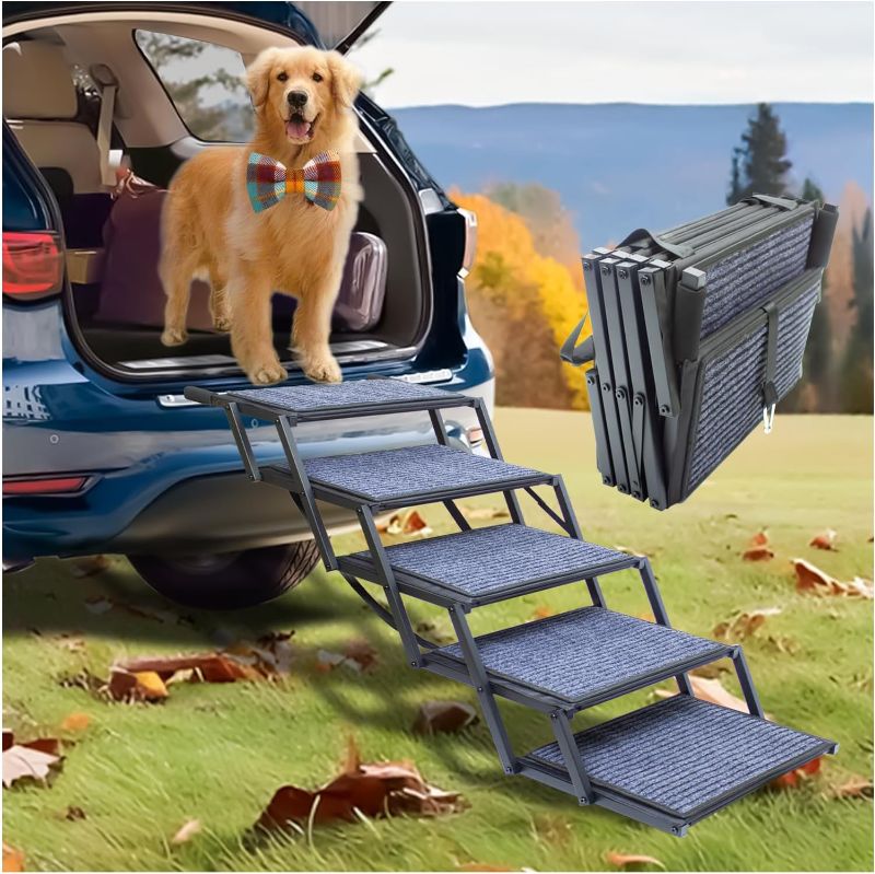 Photo 1 of Extra Wide Dog Ramp for Car Truck and SUV Dog Stairs for Large Dogs Folding Pet Stairs with Non-Slip Rug Surface Supports Up to 280 lbs (Wide 5 Steps)

