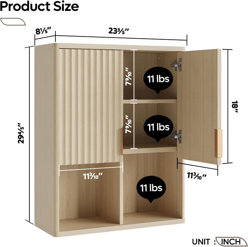 Photo 1 of Besiter Fluted Bathroom Wall Cabinet Over The Toilet Storage, 23"x 29" Medicine Cabinet with Adjustable Shelf, Laundry Cabinet Wall Mounted and Kitchen Storage Cabinet(Natural Oak)
