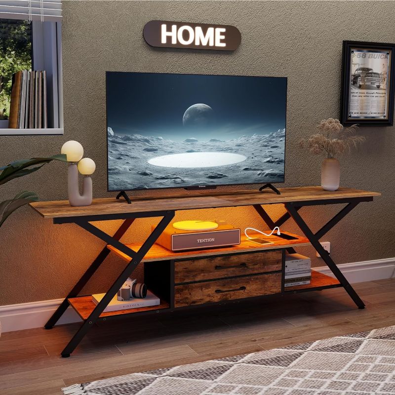 Photo 1 of TV Stand with Power Outlet and LED Lights, Fits TVs up to 65”, 2 Fabric Drawers Entertainment Center with Open Storage Shelves, Media Console for Living Room, Bedroom (Rustic Brown)
