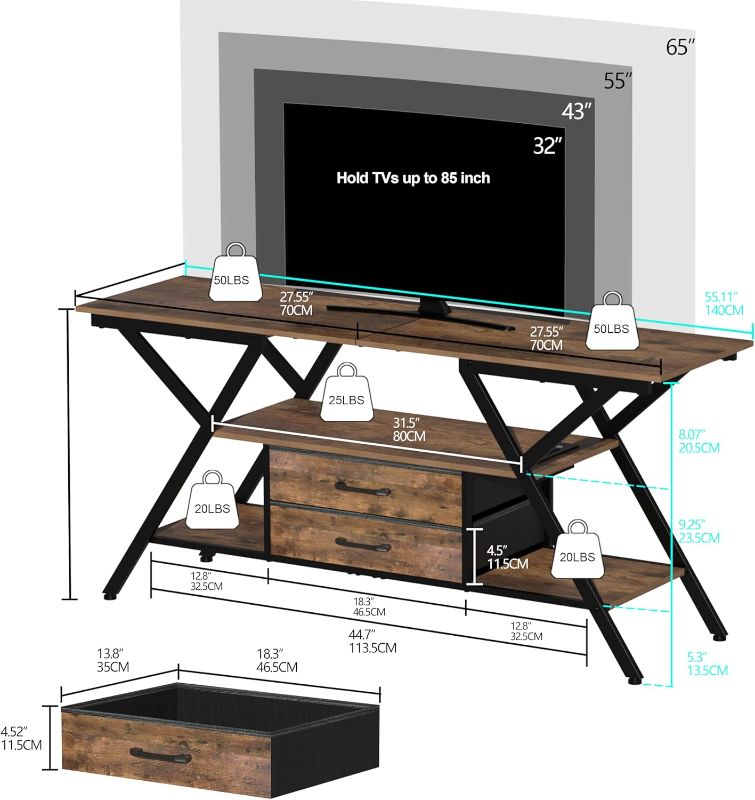 Photo 1 of TV Stand with Power Outlet and LED Lights, Fits TVs up to 65”, 2 Fabric Drawers Entertainment Center with Open Storage Shelves, Media Console for Living Room, Bedroom (Rustic Brown)
