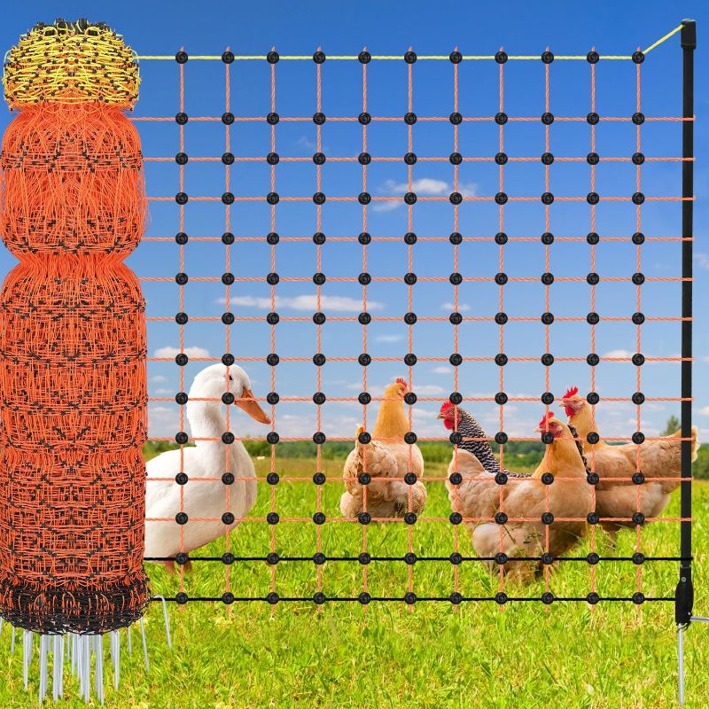 Photo 1 of Electric Fence Netting, 48" x 164' Electric Chicken Fence with 16 Posts 2 Spikes, Portable Electric Poultry Netting for Chicken, Duck and Goat, Anti-Predator Electric Fencing in Farms, Ranches
