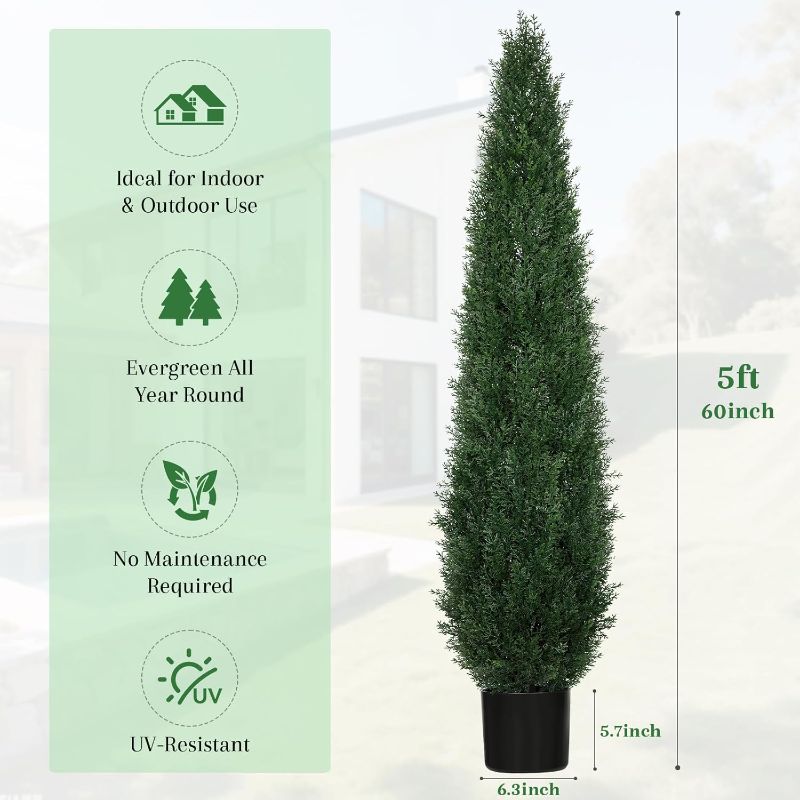 Photo 1 of 5FT Artificial Cedar Topiary Trees, 2 Pack UV Resistant Outdoor Indoor Faux Evergreen Shrubs, Potted Fake Cypress Plants for Front Porch Home Office Decor
