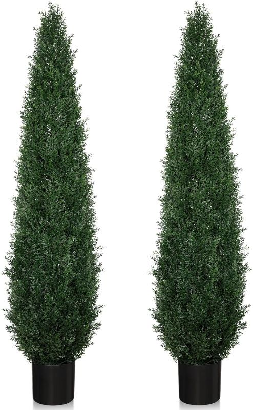 Photo 1 of 5FT Artificial Cedar Topiary Trees, 2 Pack UV Resistant Outdoor Indoor Faux Evergreen Shrubs, Potted Fake Cypress Plants for Front Porch Home Office Decor
