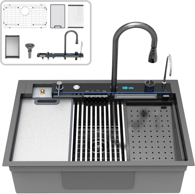 Photo 1 of 33x22 inch Black Drop In Waterfall kitchen Sink Multi-function Integrated - Qubfuen, Digital Display Ambient Light, Sink with Workstation 16 Gauge Metal Black Stainless Steel Single Bowl
