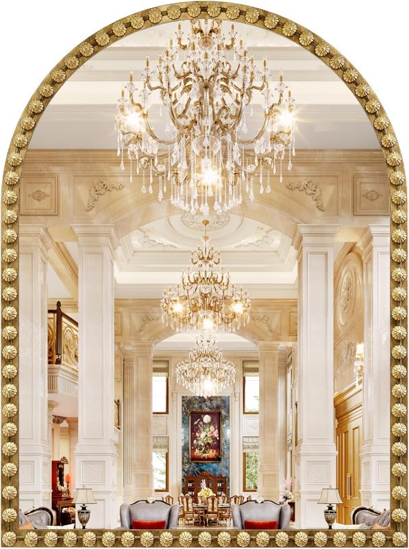 Photo 1 of Arched Mirror for Bathroom, 40"x30" Gold Arch Bathroom Vanity Mirror, Metal Floral Frame Decorative Arch Wall Mirror, Antique Gold Arched Mirror for Washroom, Bedroom, Entryway, Living Room
