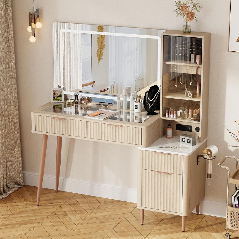Photo 1 of 48" Fluted Makeup Vanity Desk with 36" Mirror and 3 Modes Lights, Glass Top Dressing Table with Jewelry Organizer Cabinet, Storage Cabinet, 3 Drawers, Charging Station for Bedroom, Oak
