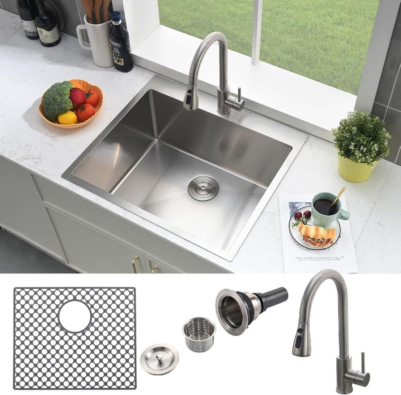 Photo 1 of 25 Inch Drop In Laundry Sink-Brovy 25"x22"x12" Stainless Steel Utility Sinks Laundry Room 16 Gauge Deep Single Bowl Kitchen Sink with Faucet
