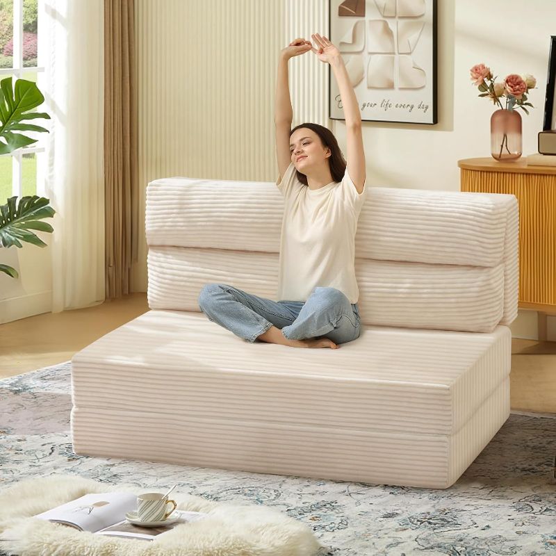 Photo 1 of Folding Sofa Bed, Convertible Sleeper Chair with Pilow Foldable Matress, 2 in 1 Pull Out Loveseat Sofa Portable Fold Out Chair Bed Comfy Floor Couch Lounge for Living Room Bedroom,Beige,Twin
