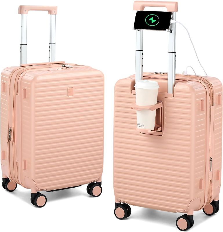 Photo 1 of Hard Shell Suitcases 20 Inch Carry on Luggage Airline Approved, Expandable Travel Luggage with Cup Holder Charger Built in Lightweight Small Suitcase with Wheels, Pink
