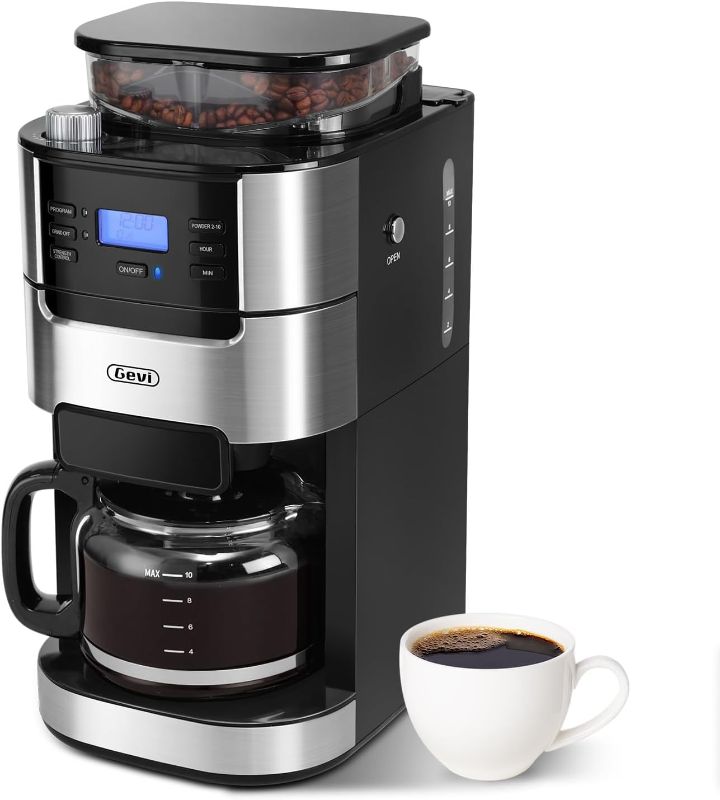Photo 1 of Gevi 10-Cup Drip Coffee Maker with Built-in Burr Grinder & Programmable Timer, 1.5L Water Tank, Auto Keep-Warm, Reusable Filter - Fresh Ground Coffee Machine (Black)
