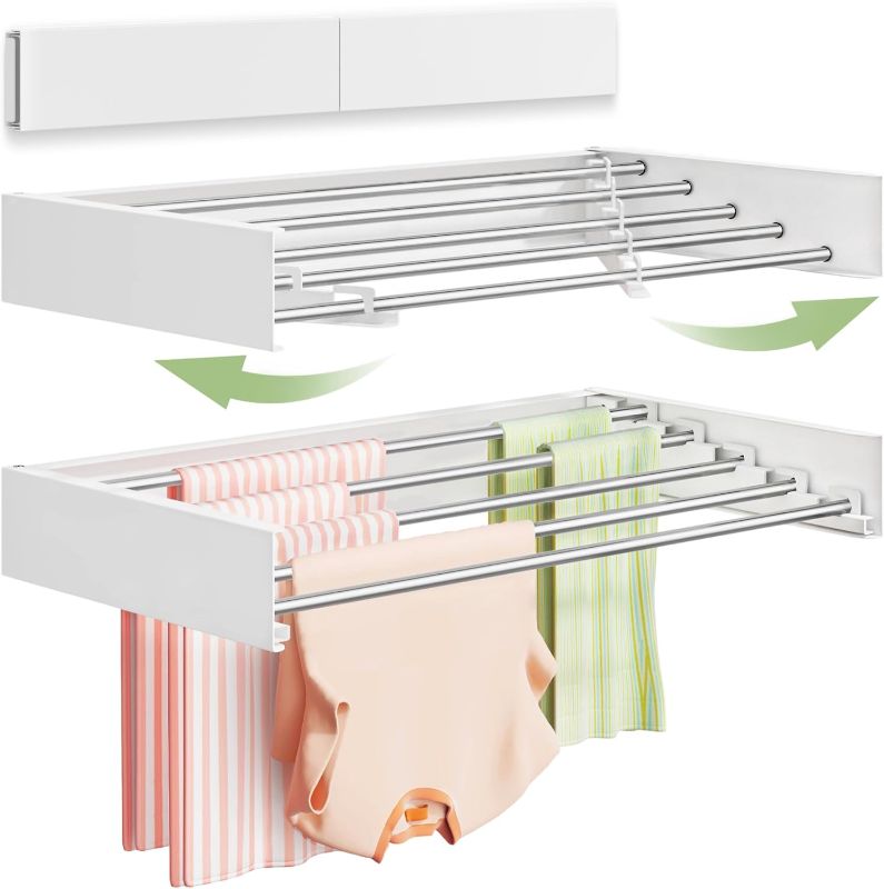 Photo 1 of Wall Mounted Clothes Drying Rack 32", Foldable Wall Mount Laundry Rack Folding Indoor, Drying Rack Clothing Collapsible, Hidden Space Saver with Wall Template, 5 Rods, White
