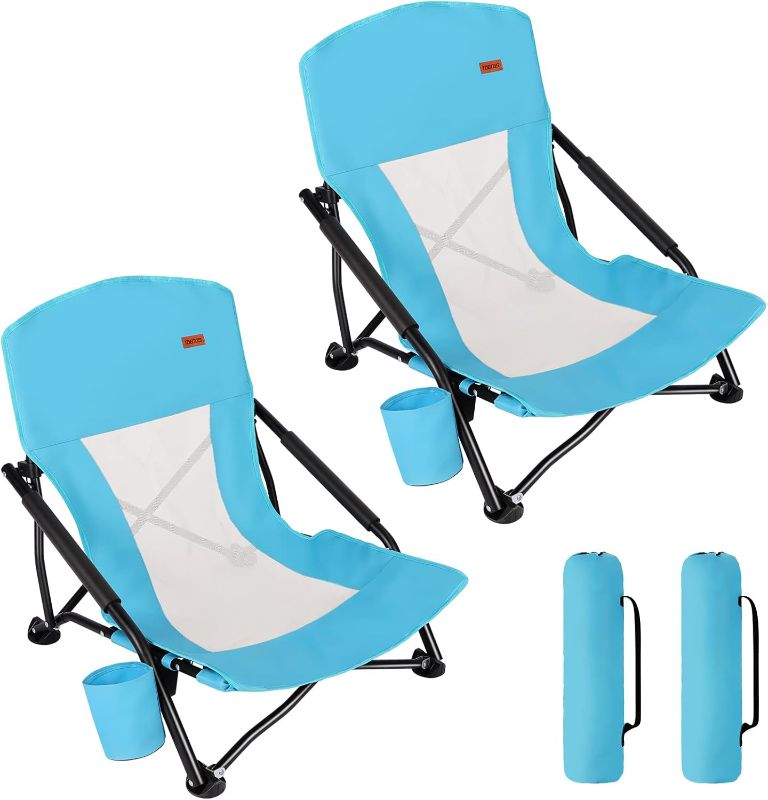 Photo 1 of TOBTOS Low Beach Chair, Beach Chairs for Adults 2 Pack, Low Profile Folding with Cup Holder & Carry Bag, Heavy Duty Chair for Outdoor Sand, Camping, Concert, Travel
