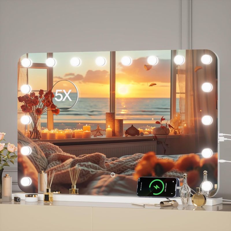 Photo 1 of 36''X24'' Hollywood Vanity Mirror with Lights, Lighted Makeup Mirror with 16 Dimmable LED Bulbs, 3 Color Lighting Modes & Stepless Dimming, USB & Type-C Charging Port, Wall Mounted Or Tabletop
