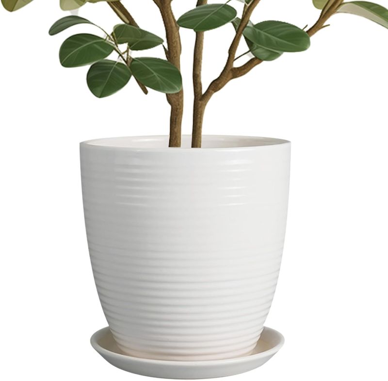Photo 1 of 10 Inch Ceramic Planter Pot - Large Plant Pot with Drainage Hole and Saucer, Modern Round Flower Pots for Indoor Outdoor Plants, Garden Planter, White
