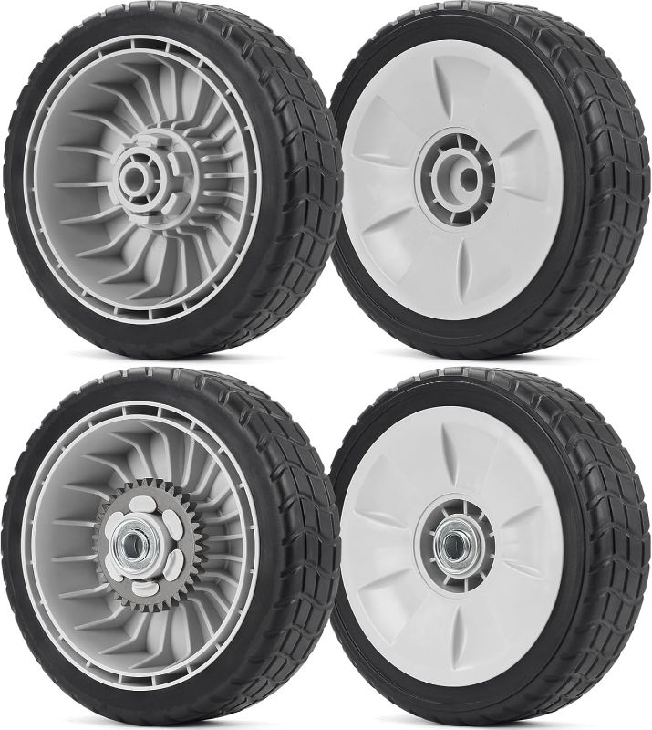 Photo 1 of HRR216 Lawn Mower Wheels, 2 Front Wheels 44710-VL0-L02ZB and 2 Rear 42710-VE2-M02ZE for Honda HRR216 HRS216 HRT216 Walk-behind Lawn Mower, 8 Inch Wheels, 4 Pack
