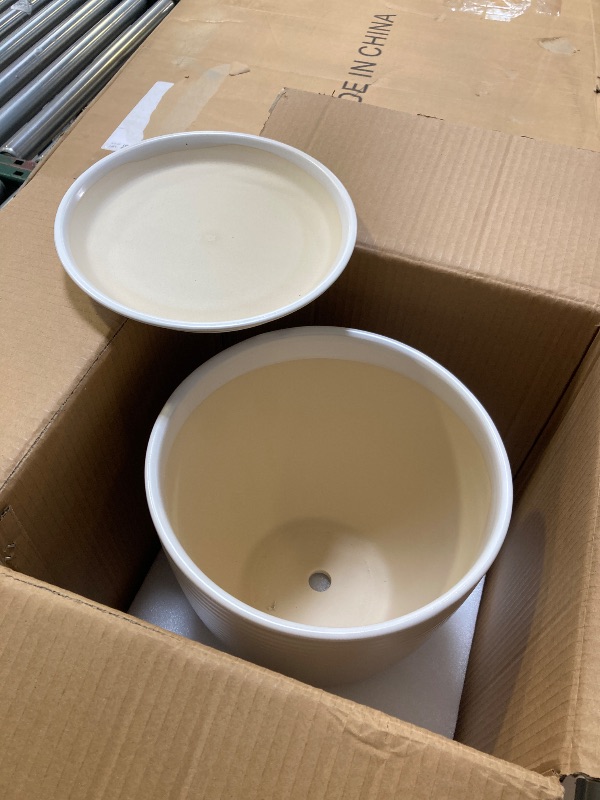 Photo 1 of 10 Inch Ceramic Planter Pot - Large Plant Pot with Drainage Hole and Saucer, Modern Round Flower Pots for Indoor Outdoor Plants, Garden Planter, White
