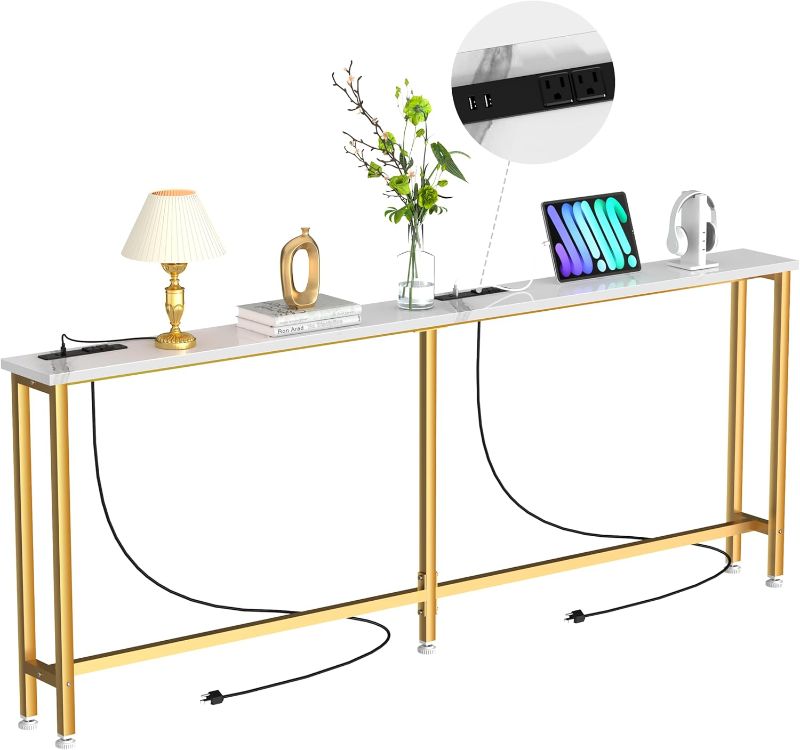 Photo 1 of 90Inch Console Table with Outlet, Sofa Table with Charger,Skinny Hallway Table, Narrow Entryway Table,Table Behind Sofa,for Living Room,Gold & White
