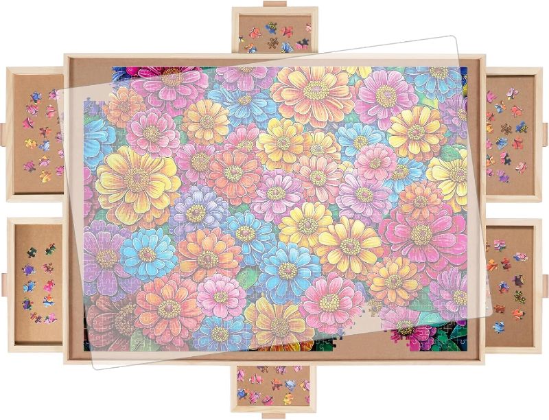 Photo 1 of 1500 Pieces Rotating Puzzle Board with 6 Drawers, Lazy Susan & Transparent Cover, 34.2"x25.2" Portable Wooden Jigsaw Puzzle Board, Great Gift for Puzzle Enthusiasts
