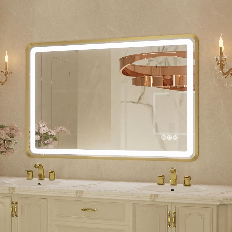 Photo 1 of 24x36 Inch LED Bathroom Mirror with Gold Metal Frame, Front and Backlit Vanity Mirror, Stepless Dimmable Wall Mirrors with Anti-Fog, 3 Colors, Memory Function, Waterproof, LED Smart Bathroom Mirror
