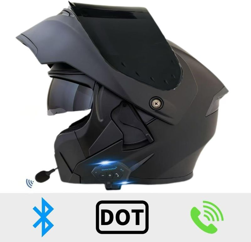 Photo 1 of Motorcycle Bluetooth Modular Helmet, DOT Approved Flip Up Full Face Motorcycle Dual Visor Helmet, with Dual Speakers and Microphone, for Adults Men and Women
