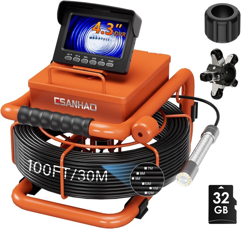 Photo 1 of Sewer Camera 100FT/30M Borescopes Plumbing Snake Pipe Inspection Camera DVR & Audio Recorder 22mm with 5600Mah Battery 4.3" IPS Screen 12 LEDs HD 1000TVL 32GB Card
