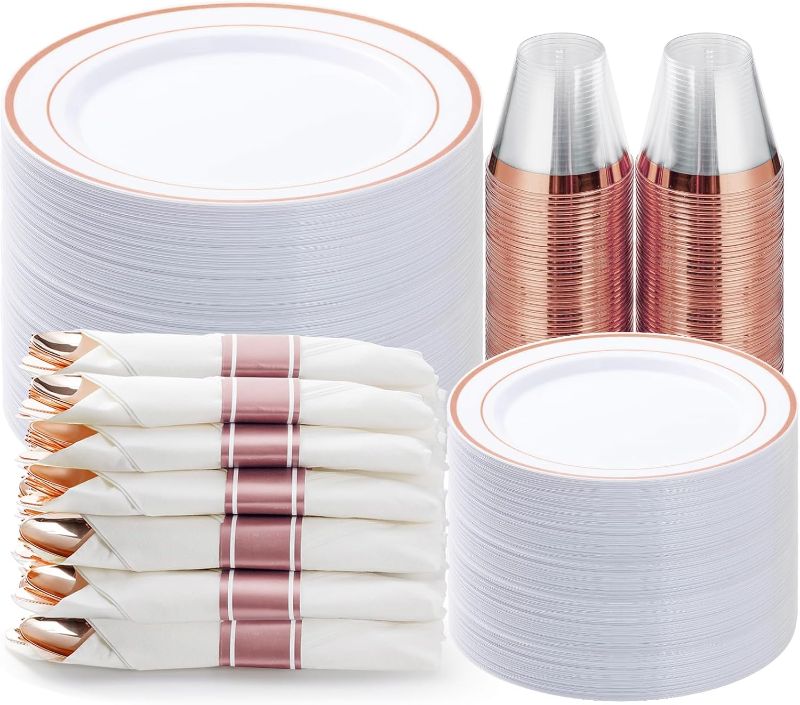 Photo 1 of 350PCS Rose Gold Plastic Dinnerware Set, Disposable Party Plates for 50 Guests, Include: 100 Plastic Plates, 50 Pre Rolled Napkins with Rose Gold Silverware, 50 Cups
