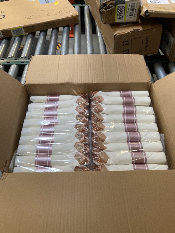 Photo 1 of 350PCS Rose Gold Plastic Dinnerware Set, Disposable Party Plates for 50 Guests, Include: 100 Plastic Plates, 50 Pre Rolled Napkins with Rose Gold Silverware, 50 Cups
