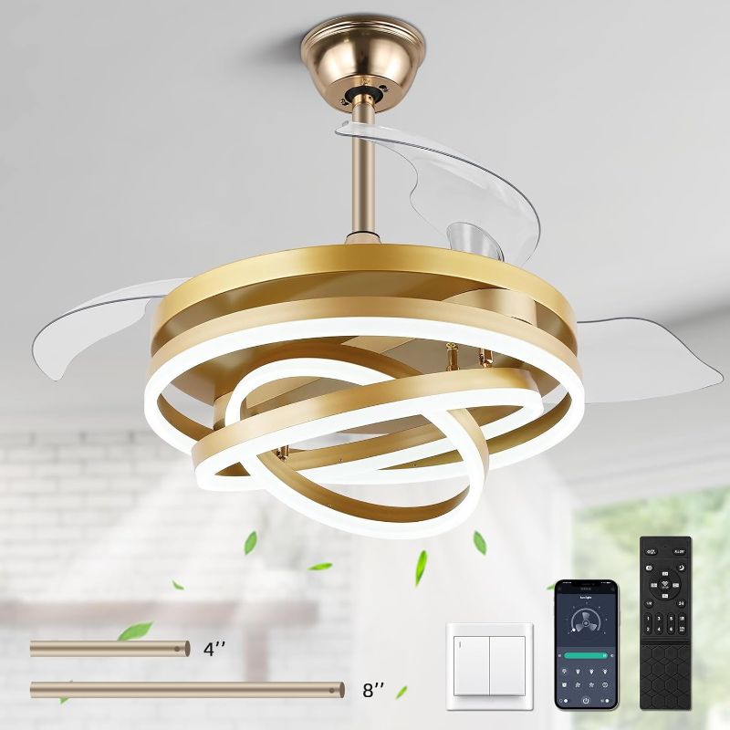 Photo 1 of FOR PARTS ONLY!!!  42 Inch Retractable Ceiling Fan with Lights, Fandelier Gold Ceiling Fan with 6 Speeds,3000K-6000K Adjustable,DC Motor,Chandelier Ceiling Fans with Lights and Remote for Bedroom Living Room-Read clerk note
