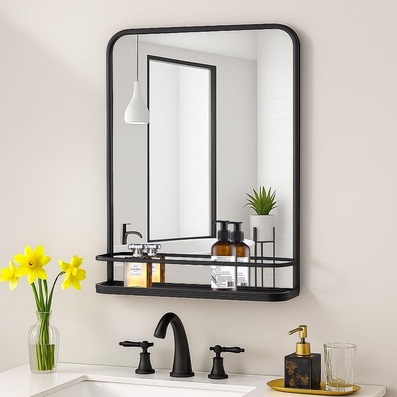 Photo 1 of VASUHOME Black Bathroom Mirror with Shelf - Bathroom Vanity Mirror with Metal Frame with Rounded Corners - 26.8" x 21.3" - Perfect for Living Room, Bedroom, Bathroom, Entryway
