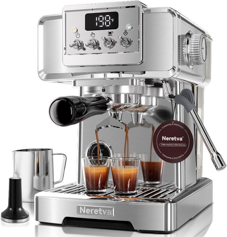 Photo 1 of Neretva Espresso Coffee Machine, Professional Espresso Machine with Pressure Gauge 15Bar Retro Espresso Maker with Power Milk Frother Stainless Steel for Home Barista Latte and Cappuccino Maker-Silver
