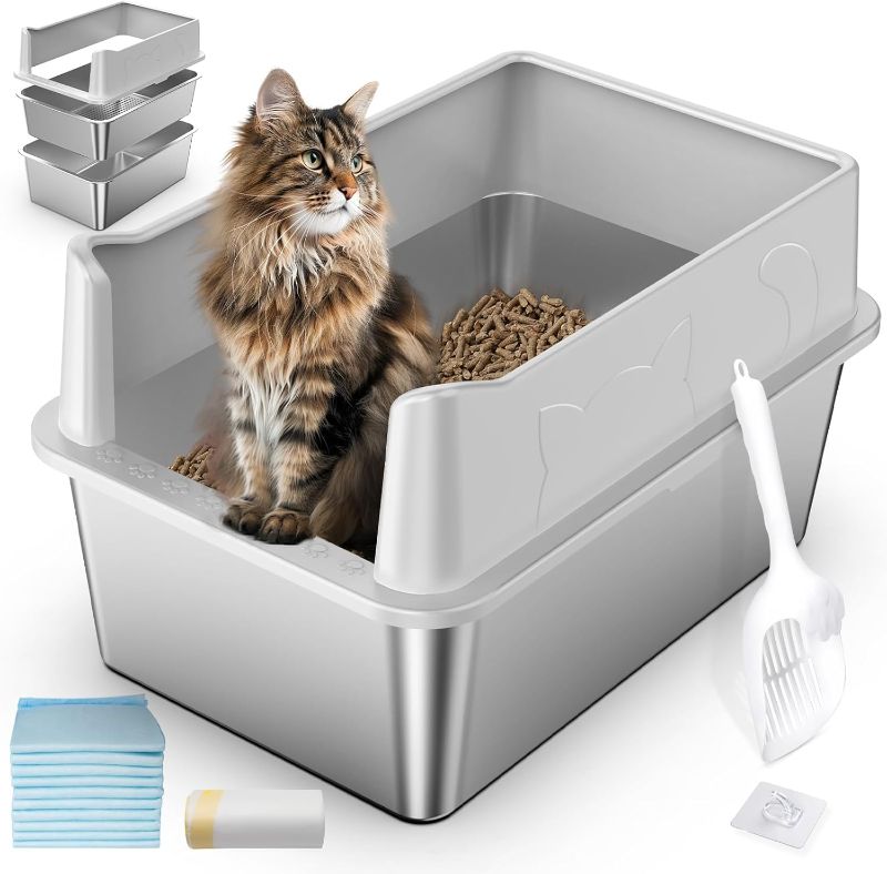 Photo 1 of Stainless Steel Sifting Litter Box, 23.6" L x 15.7" W x 13" High Sided Metal Sifting Cat Litter Box for Pine Pellets, Enclosed Sifting Box with Lid, Anti-Leakage, Easy Clean for Big and Multiple Cats
