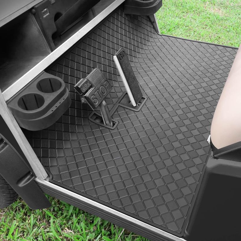 Photo 1 of Golf Cart Floor Liner Mat 8mm Thick Rubber Full Coverage Fit for Club Car DS 1982-2013 / Villager 1982-2018 Carts Heavy-Duty Non-Slip Front Feet Mats Replacement Easy to Clean - Black Trim
