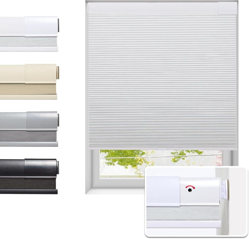 Photo 1 of No Drill Cellular Shades for Indoor Windows, Thermal Insulating & Noise Reducing Honeycomb Blinds, Free Stop Cordless Blackout Shades, White, 34" W x 64" H
