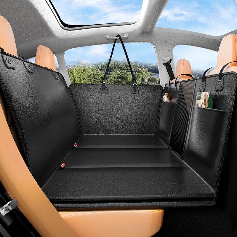 Photo 1 of Hard Bottom Dog Car Seat Cover for Back Seat – Waterproof Nonslip Hammock Extender for Trucks & SUVs, Heavy Duty Pet Protector, Black Faux Leather
